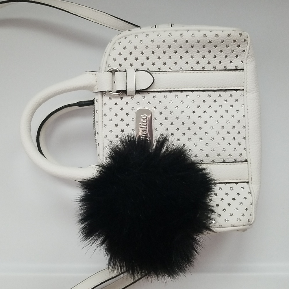 Justice Girls Bag White w Black Puff and Silver Stars NWOT